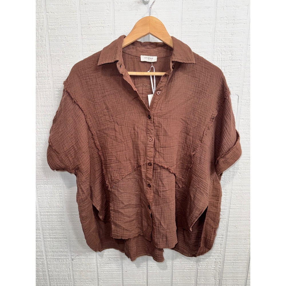 Umgee Button Down Top Women Brown Gauze Raw Edge Oversized S